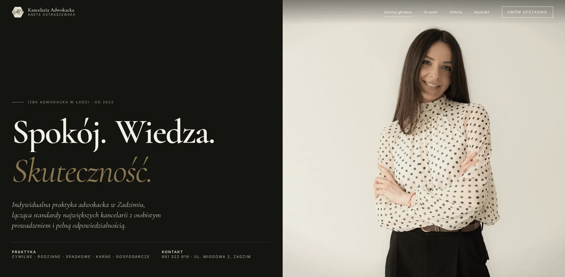 Hero section of aolegal.pl with the tagline "Calm. Knowledge. Efficiency." and a photo of attorney Aneta Ostraszewska