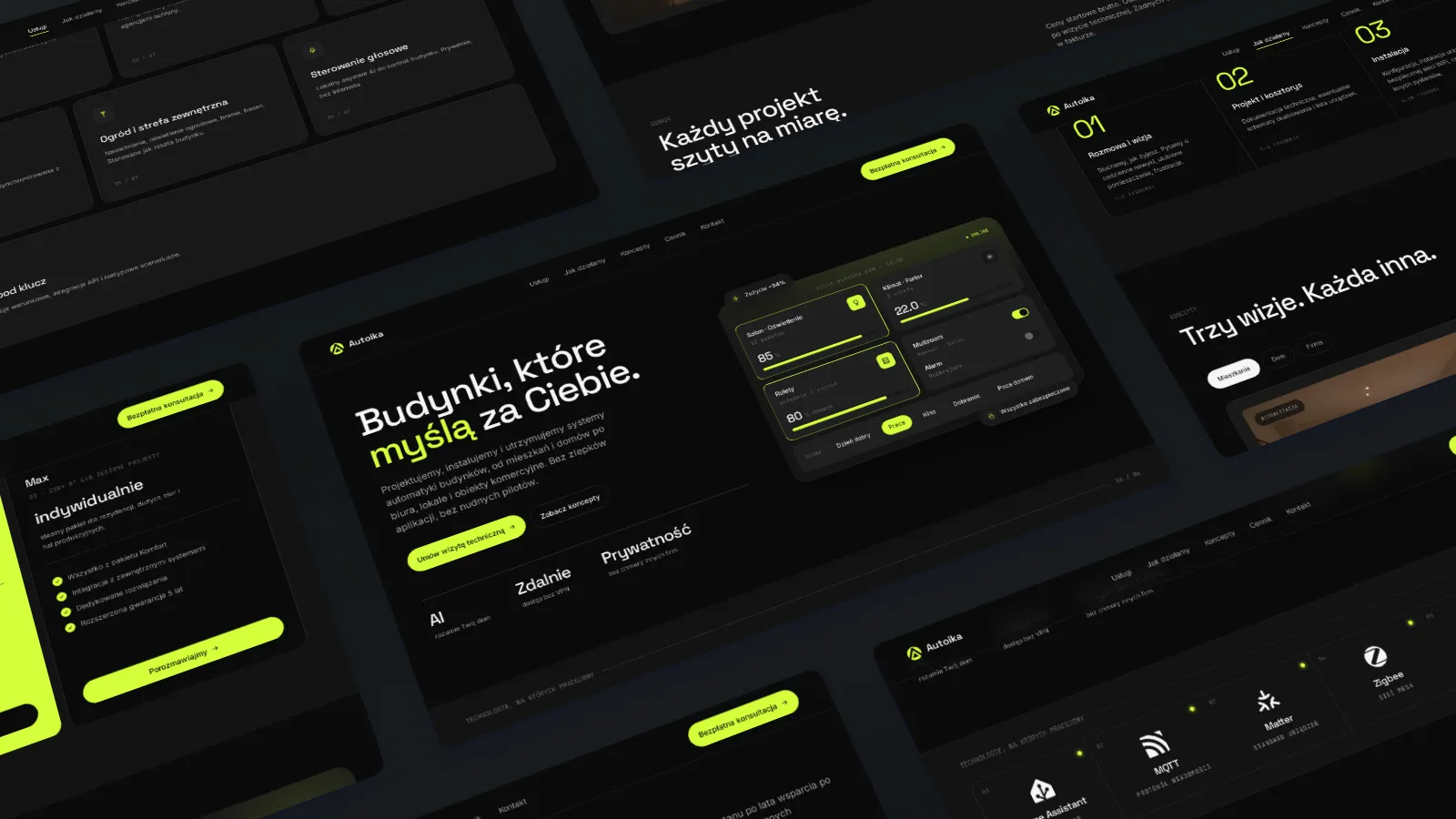 Okładka projektu autoika.com, czyli pochylona w 3D kaskada zrzutów ekranu ze strony firmy automatyki budynków