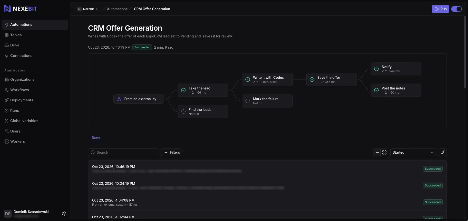 Step graph of a CRM offer generation run, with the offer written by Codex and saved to EspoCRM