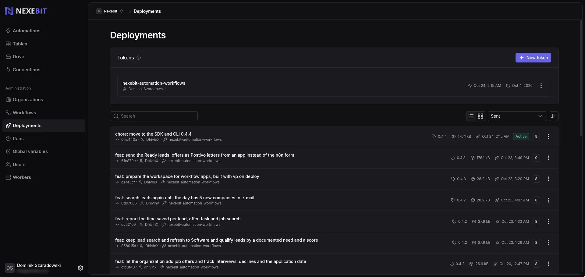 Admin list of workflow deployments with the commit, SDK version and bundle size