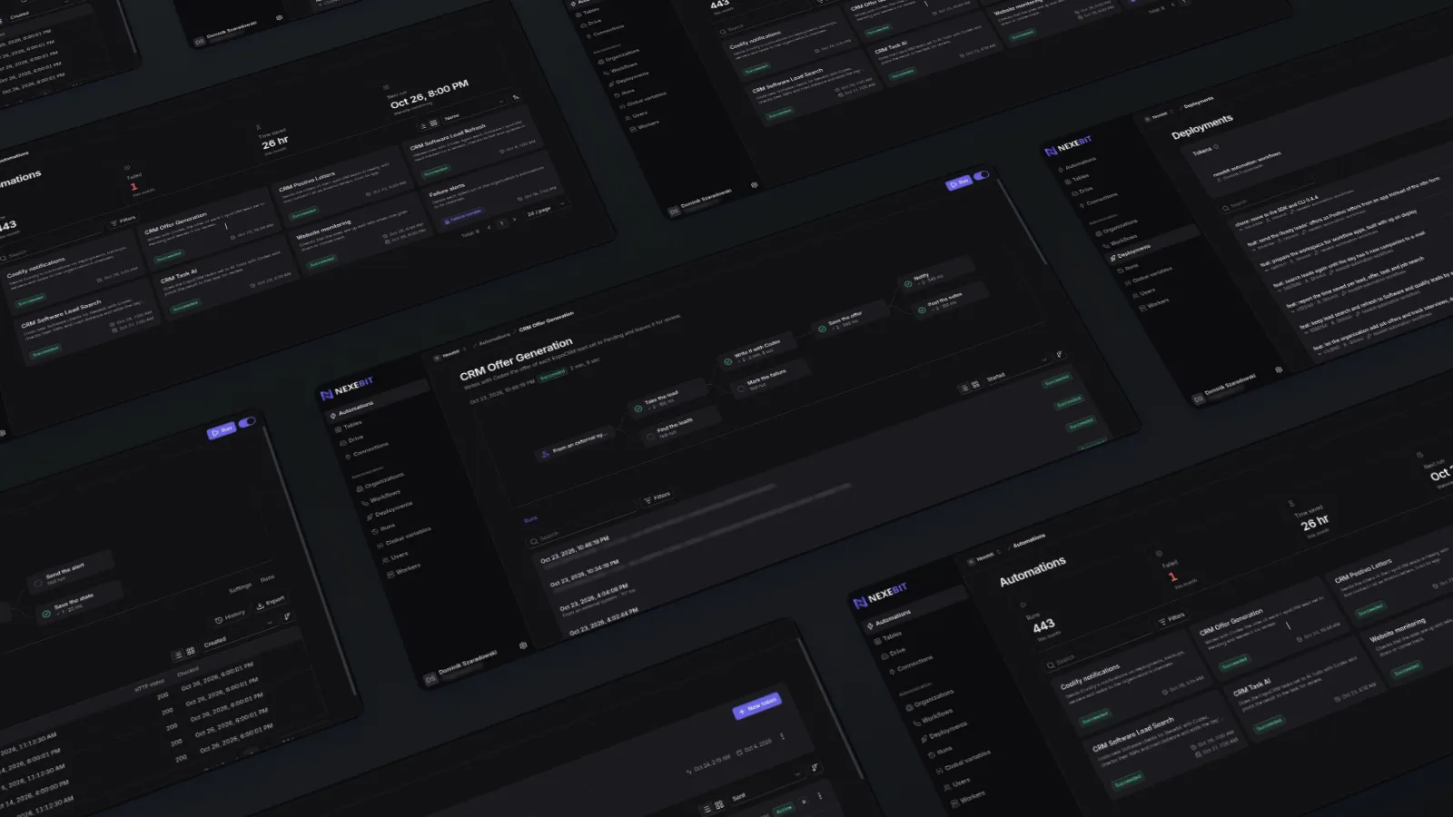 Cover image of the Automation project, a 3D-tilted cascade of screenshots from the step graph, the organization panel and the deployments list