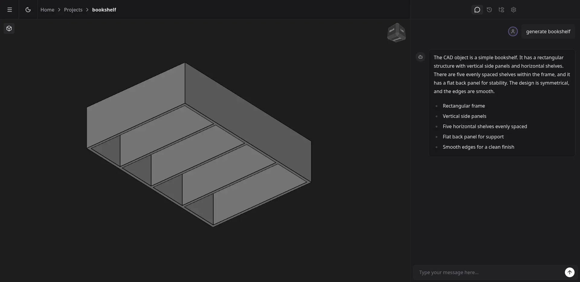 A generated bookshelf lying on its side, with vertical partitions instead of horizontal shelves