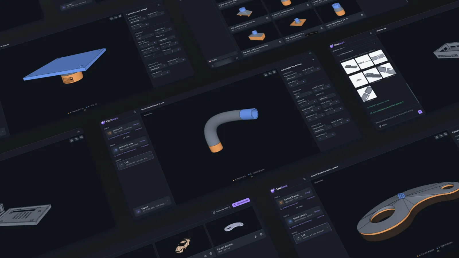 Cover image of the CadSeed project, a 3D-tilted cascade of screenshots from the adapter editor, the AI chat and the model library