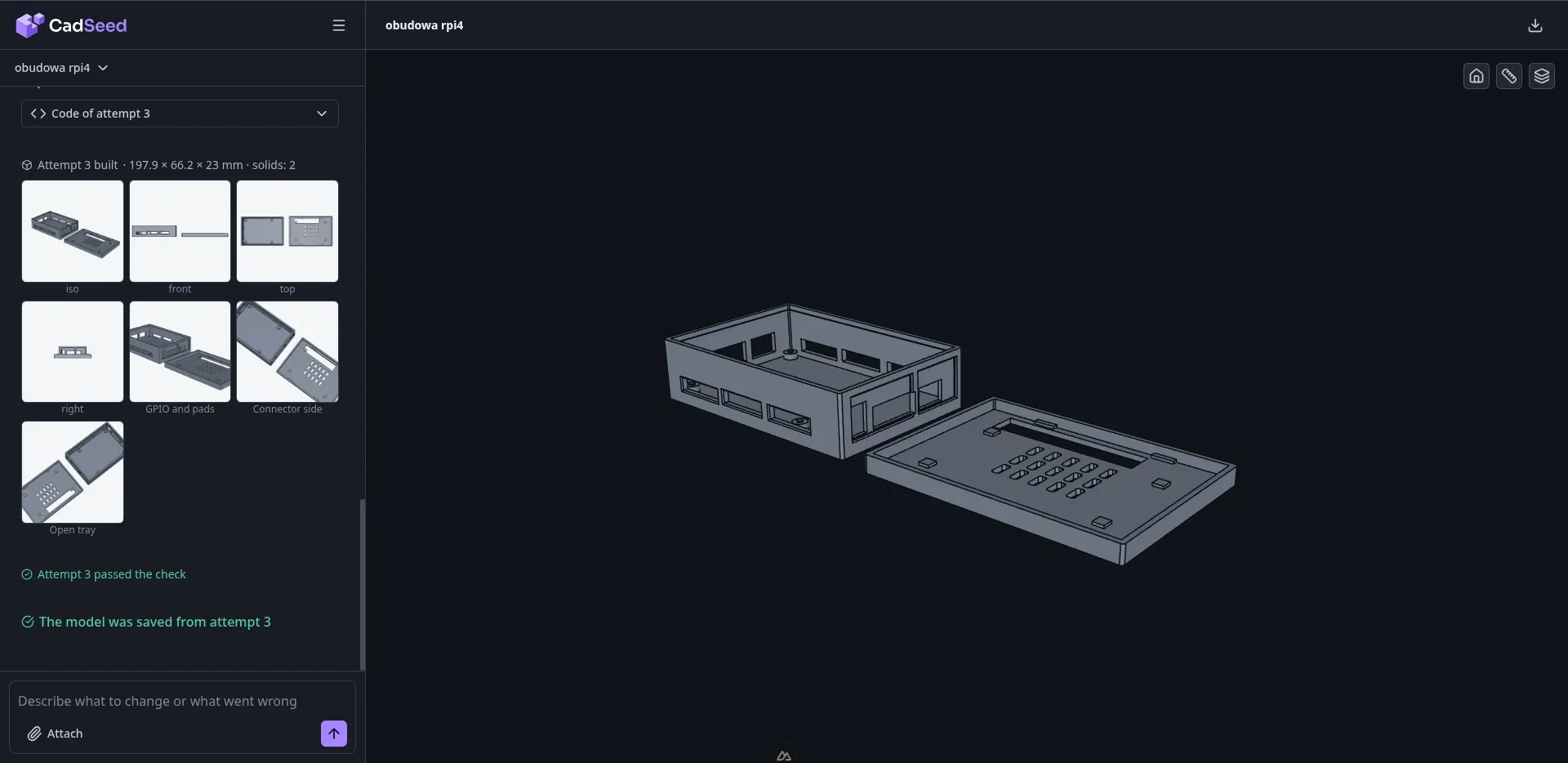 Raspberry Pi 4 case generated by the AI agent, with views of the attempt and the check result