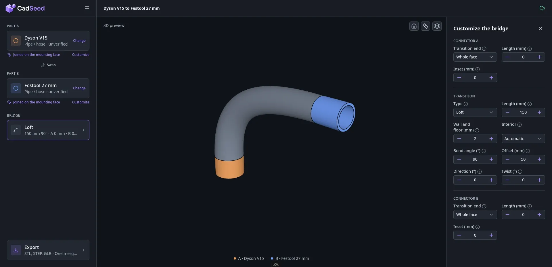 Adapter from a Dyson V15 vacuum pipe to a 27 mm Festool hose in the bridge editor
