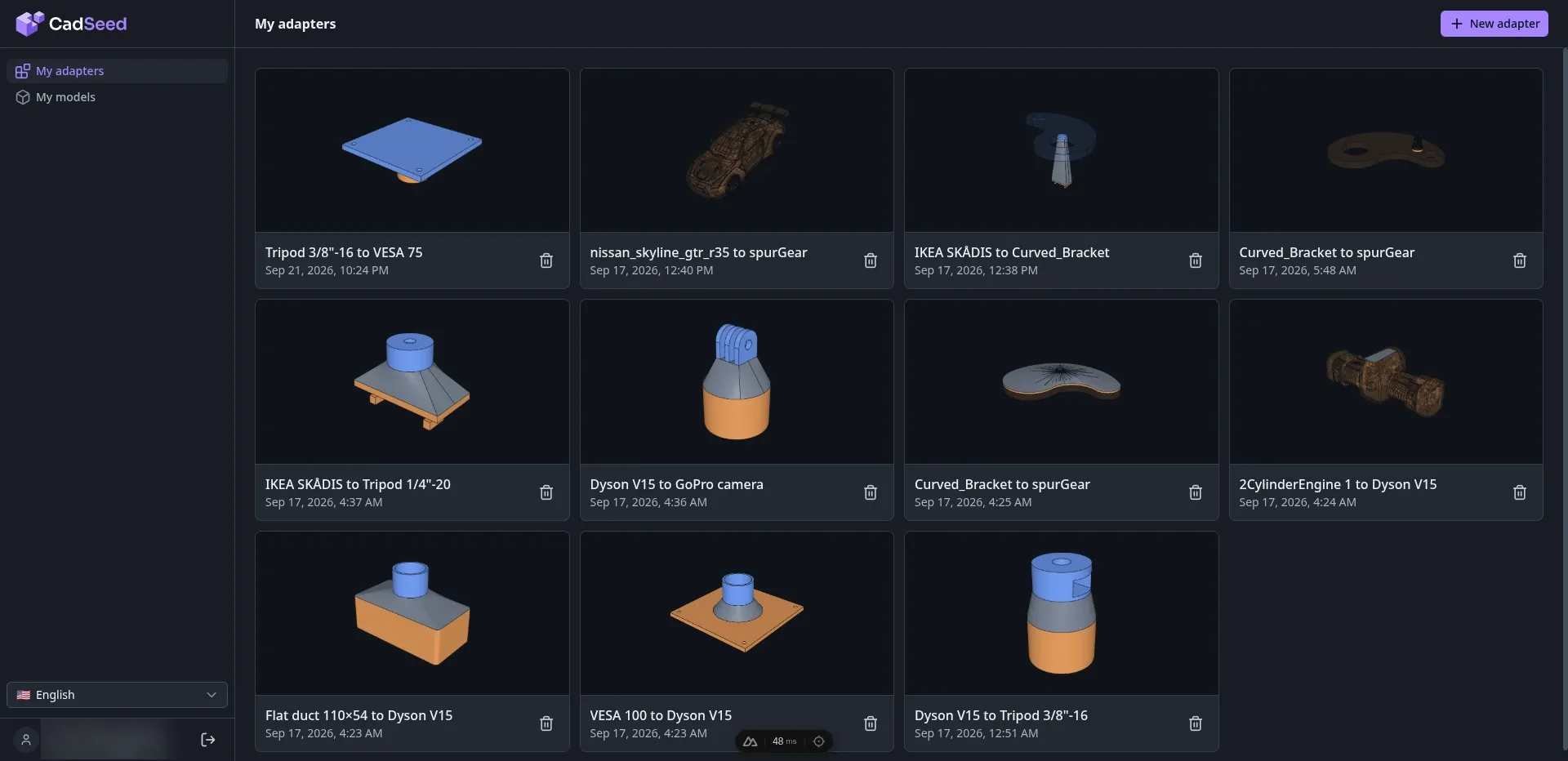 List of saved adapters with 3D previews