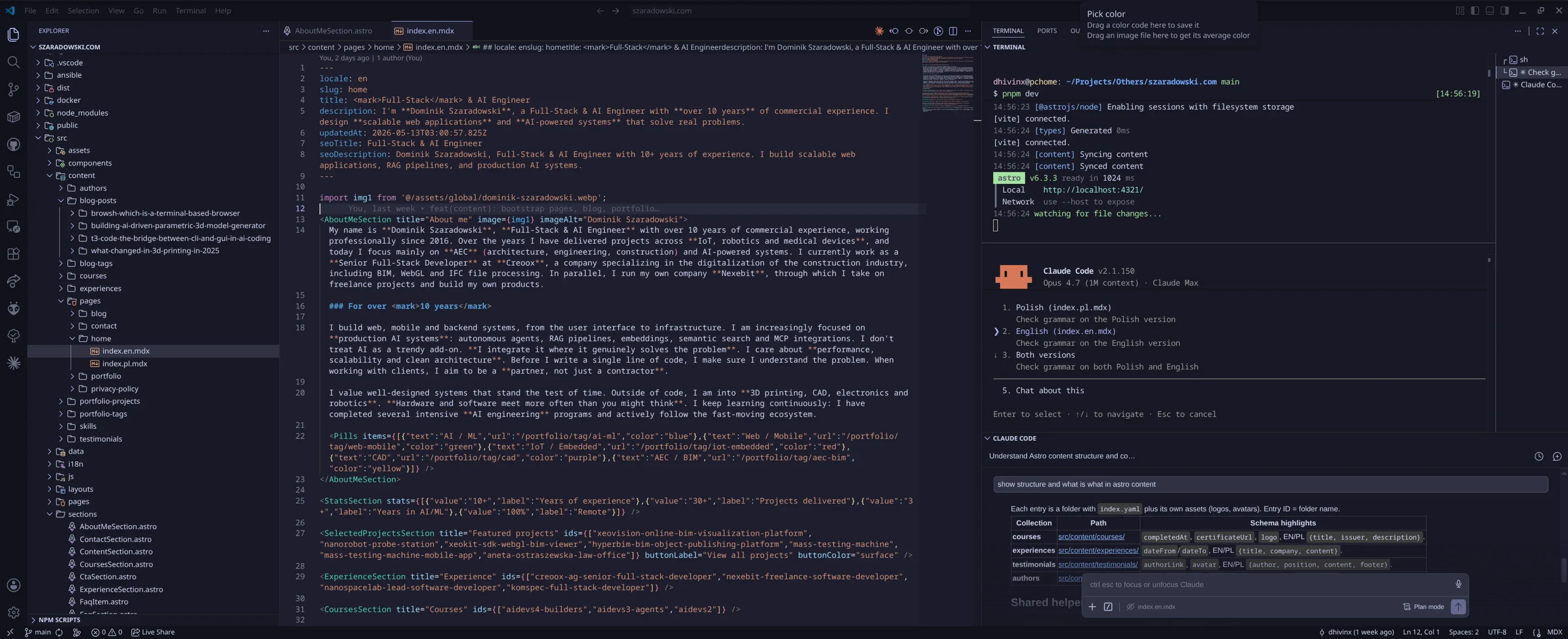 MDX file with post content open in VSCode next to a Claude Code agent executing a command