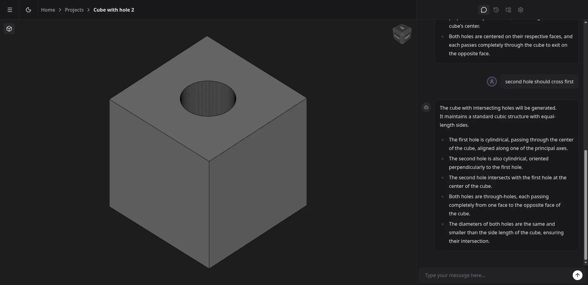 A cube with a single hole, after several chat turns trying to add a second one