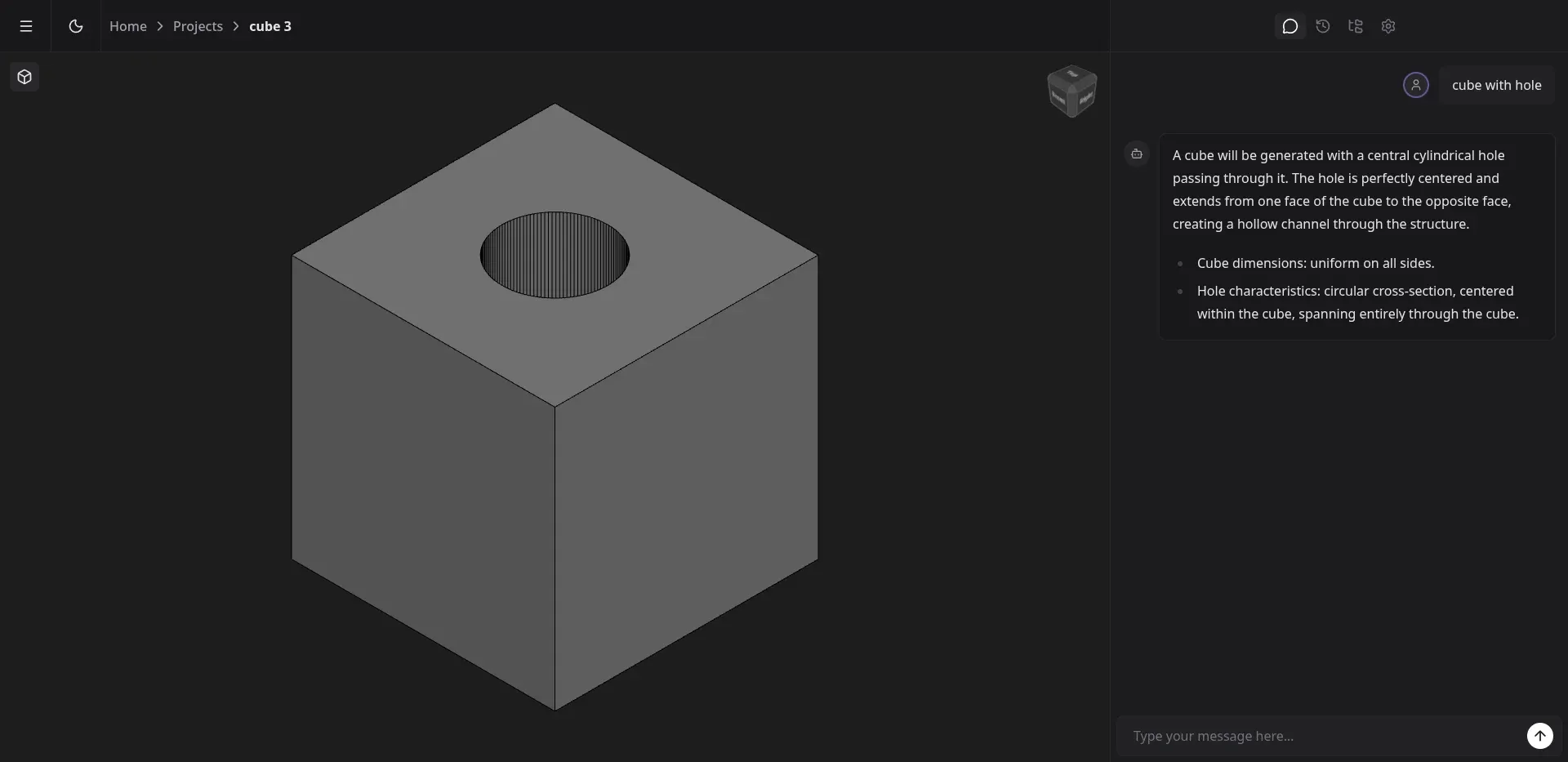 Cube with a hole generated by the AI agent in bluecad