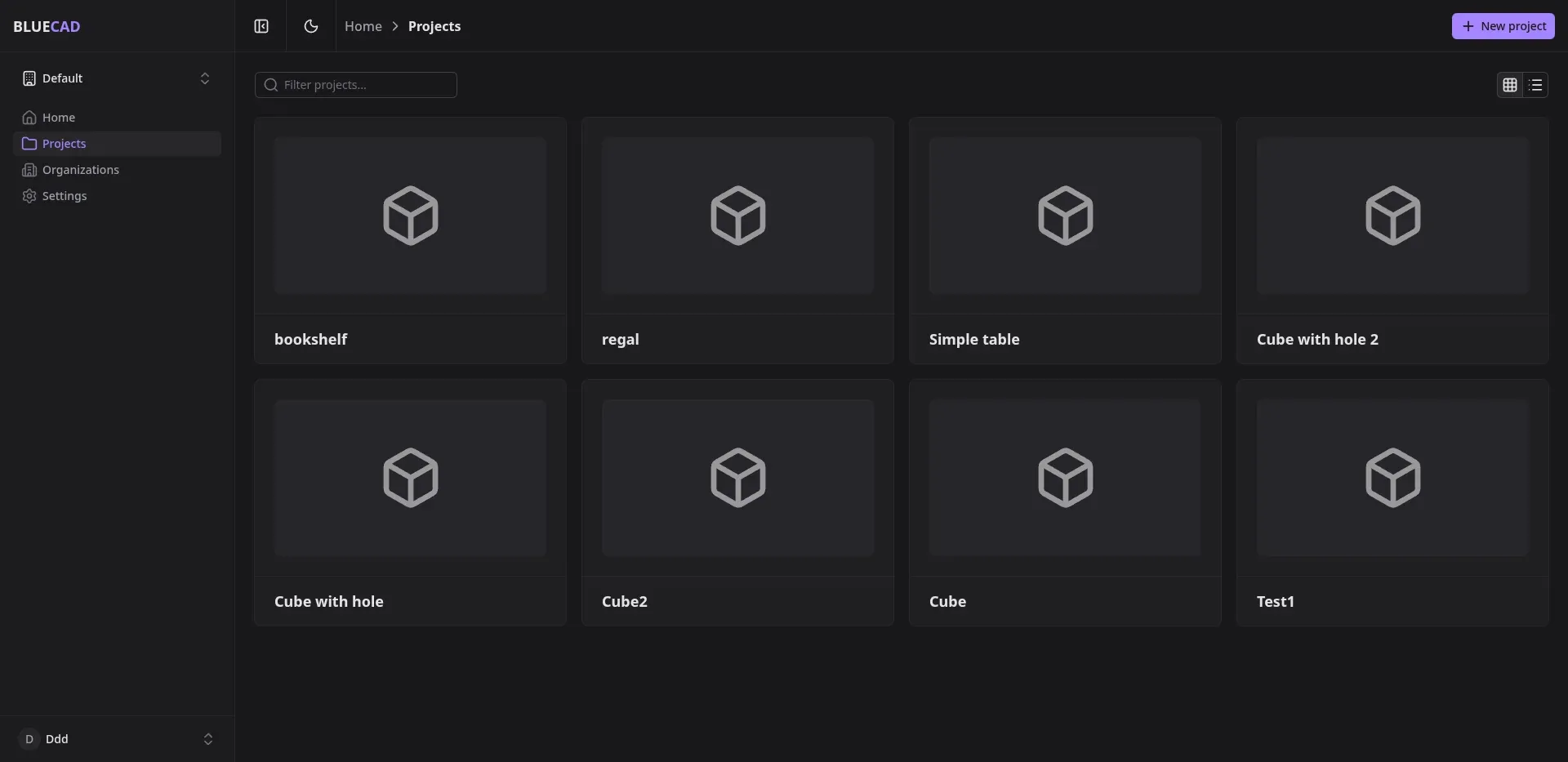 bluecad project dashboard with a list of generated 3D models