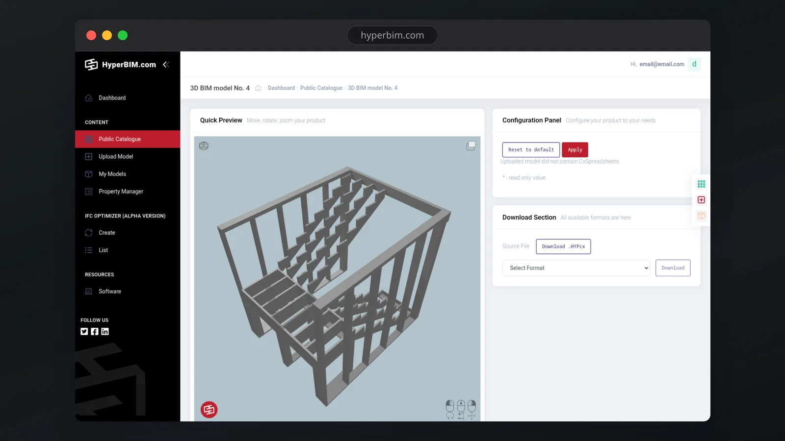 Cover image of the HyperBIM project, a browser-framed screenshot of the public catalogue with a 3D BIM object preview and a parametric configuration panel