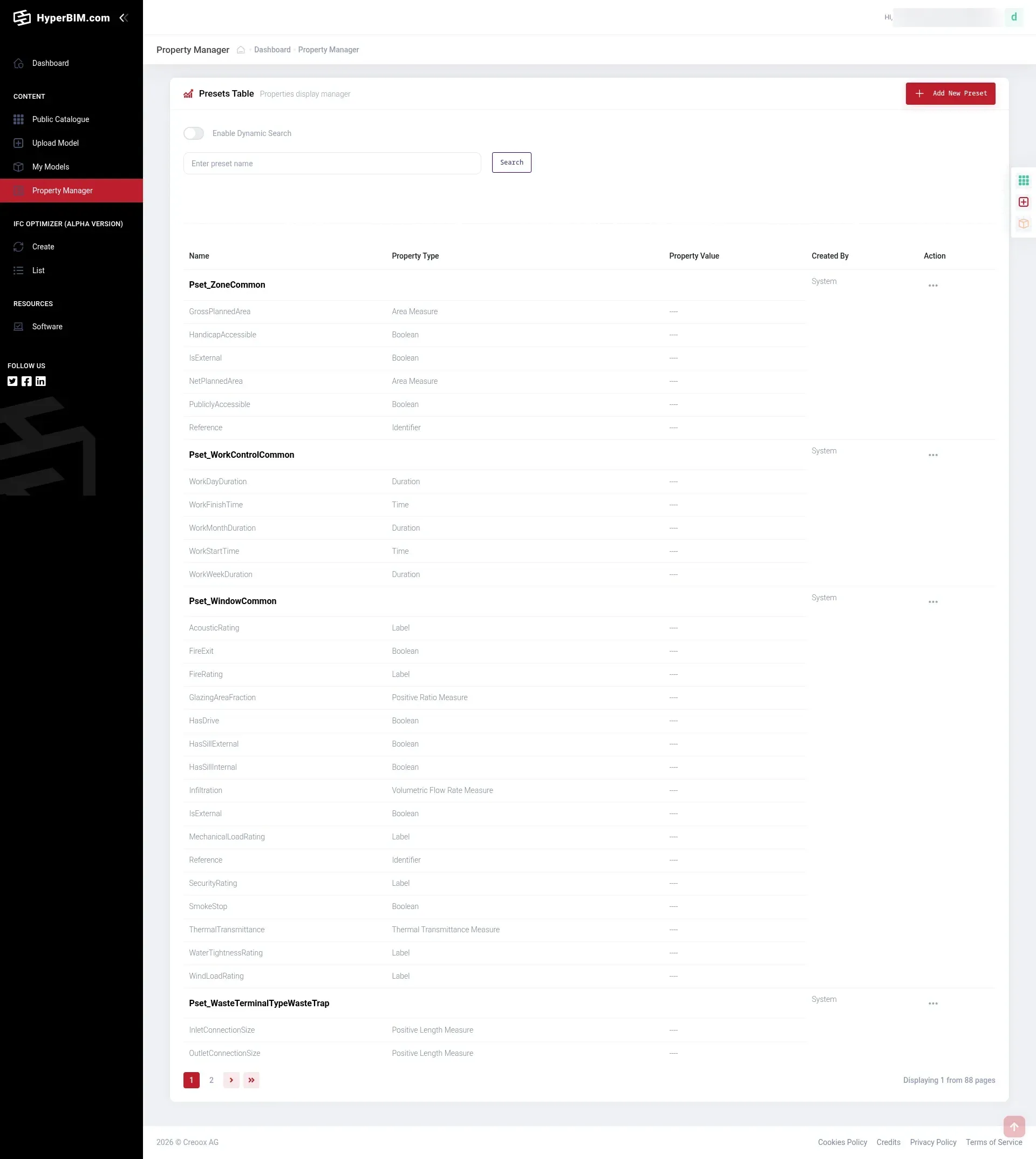 Property manager with IFC property set presets