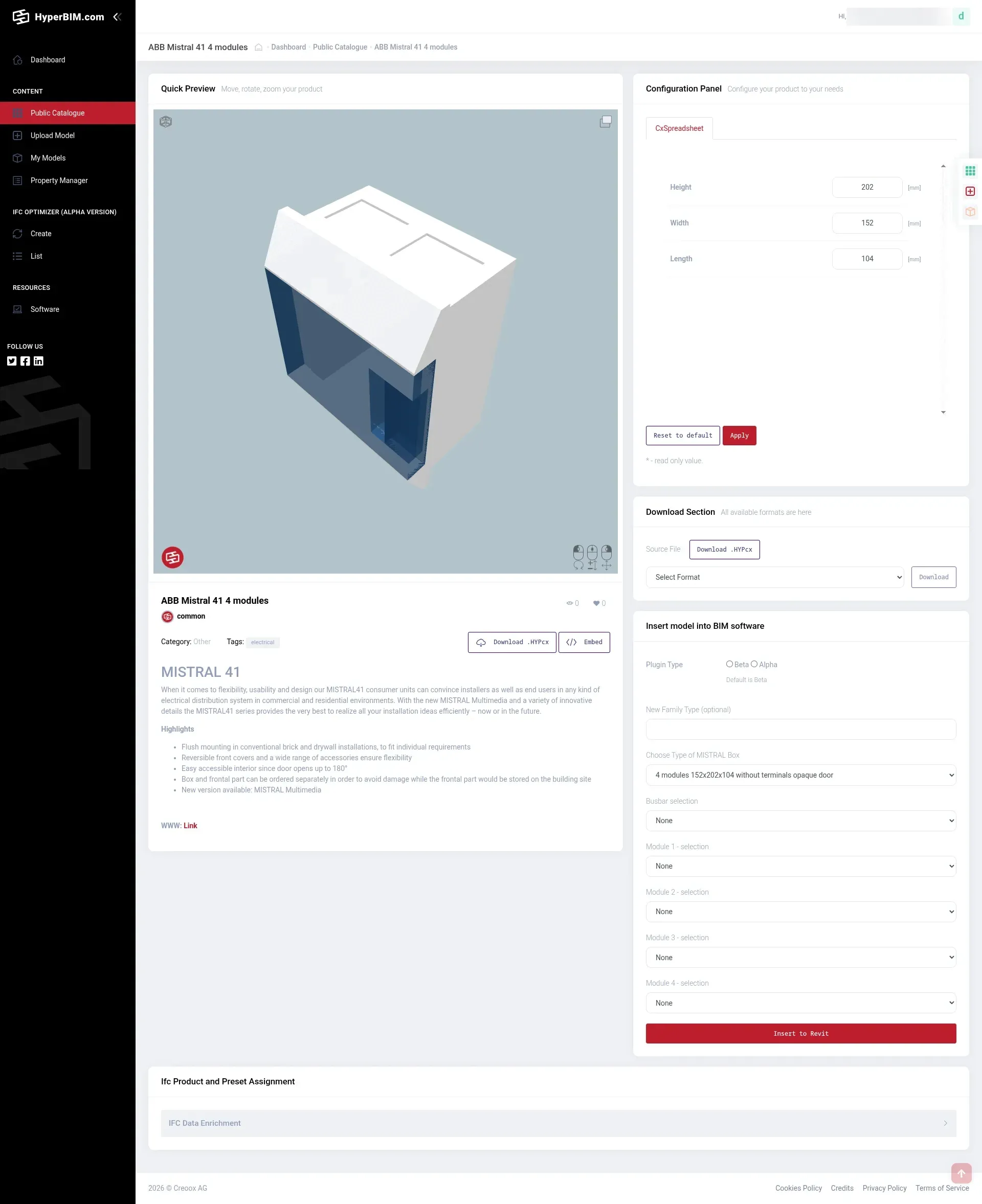 Public catalogue with a 3D preview and variant configurator