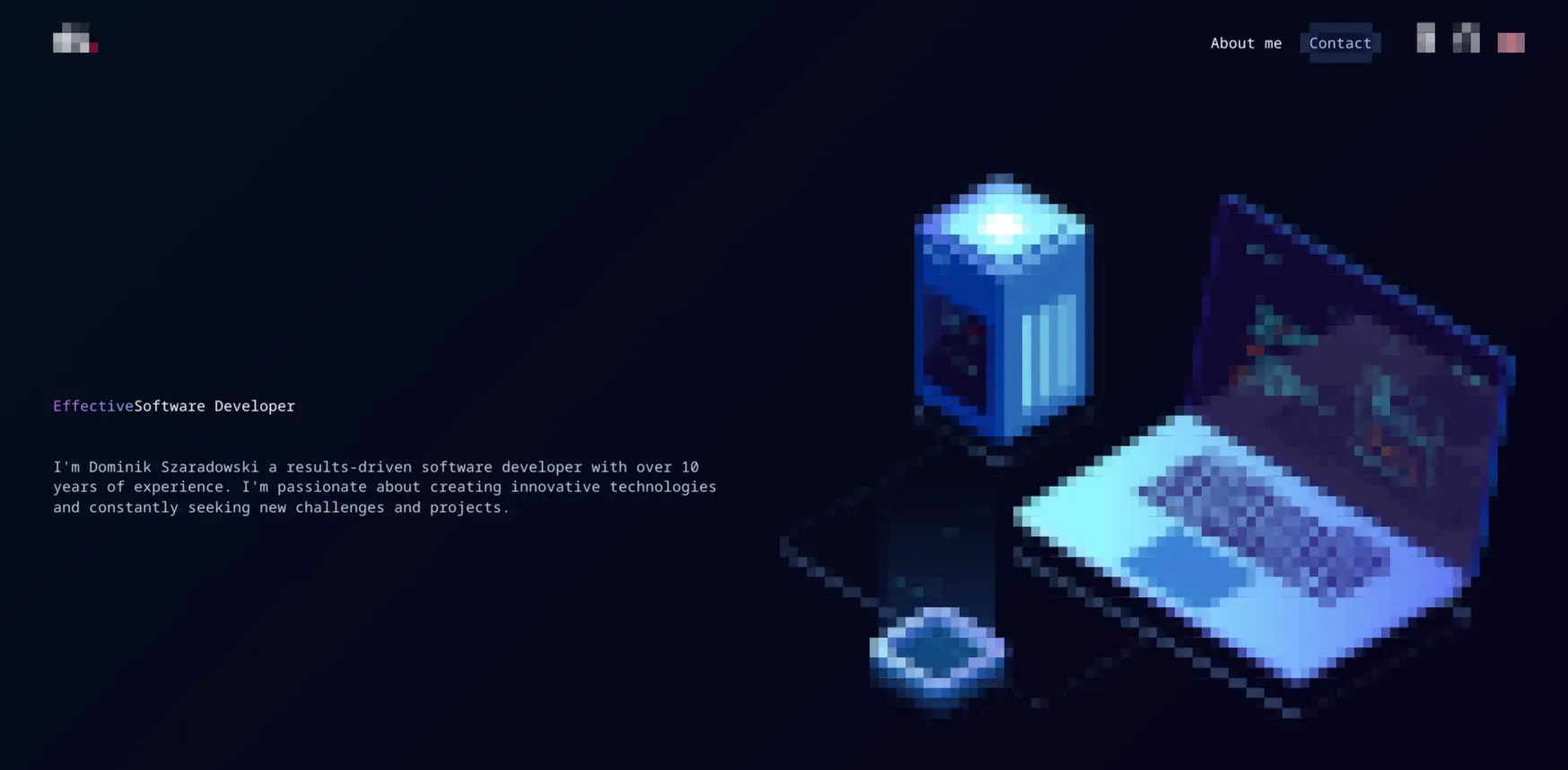 Zrzut ekranu strony kontaktowej portfolio Dominika Szaradowskiego z ilustracją laptopa w stylu pixelart na ciemnym tle oraz krótkim opisem doświadczenia programistycznego.