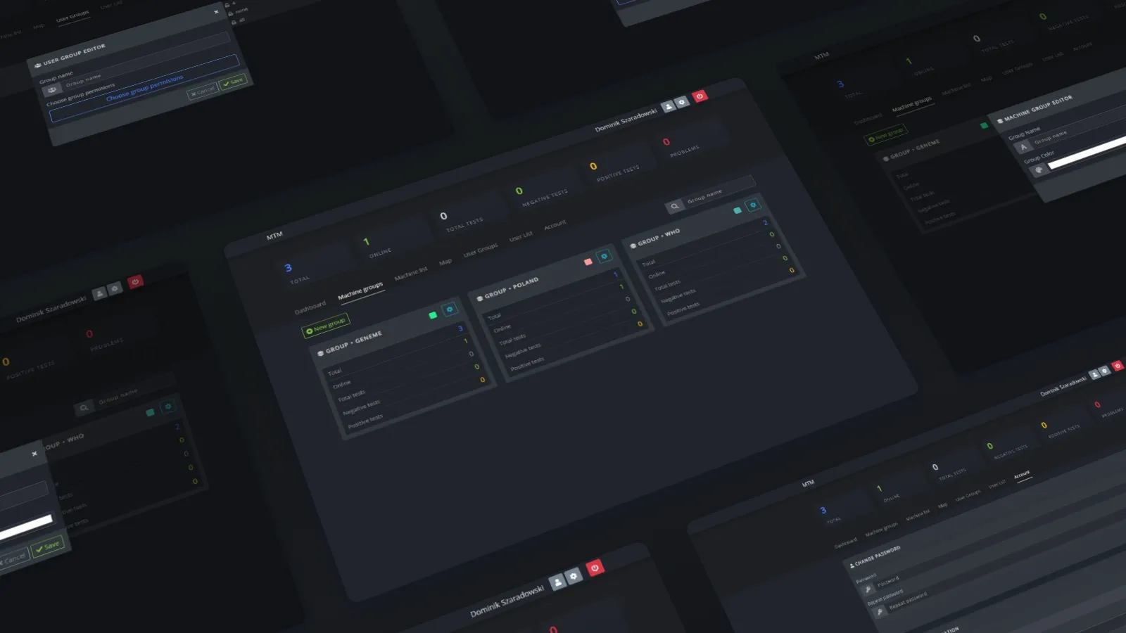 Cover image of the Mass Testing Machine project, a 3D-tilted cascade of screenshots from the COVID-19 testing management web application