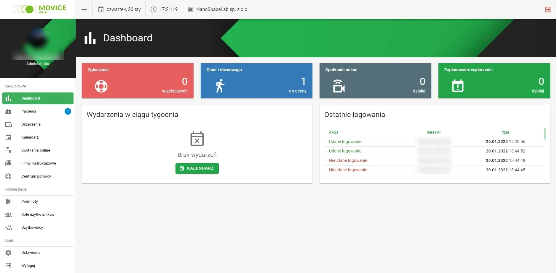 Movice One web platform dashboard: support tickets, gait and balance tests to review, online meetings and events