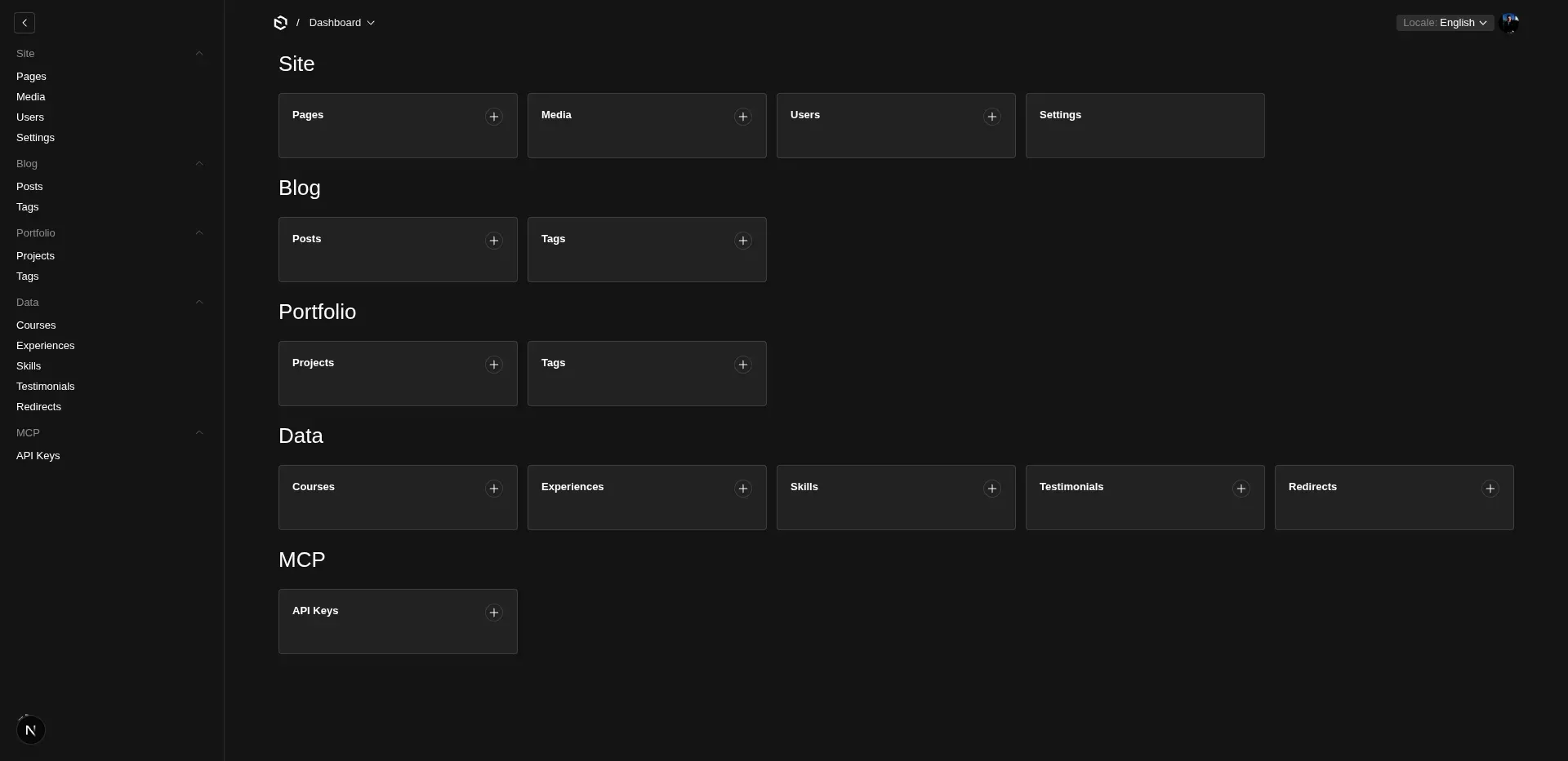 PayloadCMS admin panel showing portfolio collections grouped into Site, Blog, Portfolio, Data and MCP sections