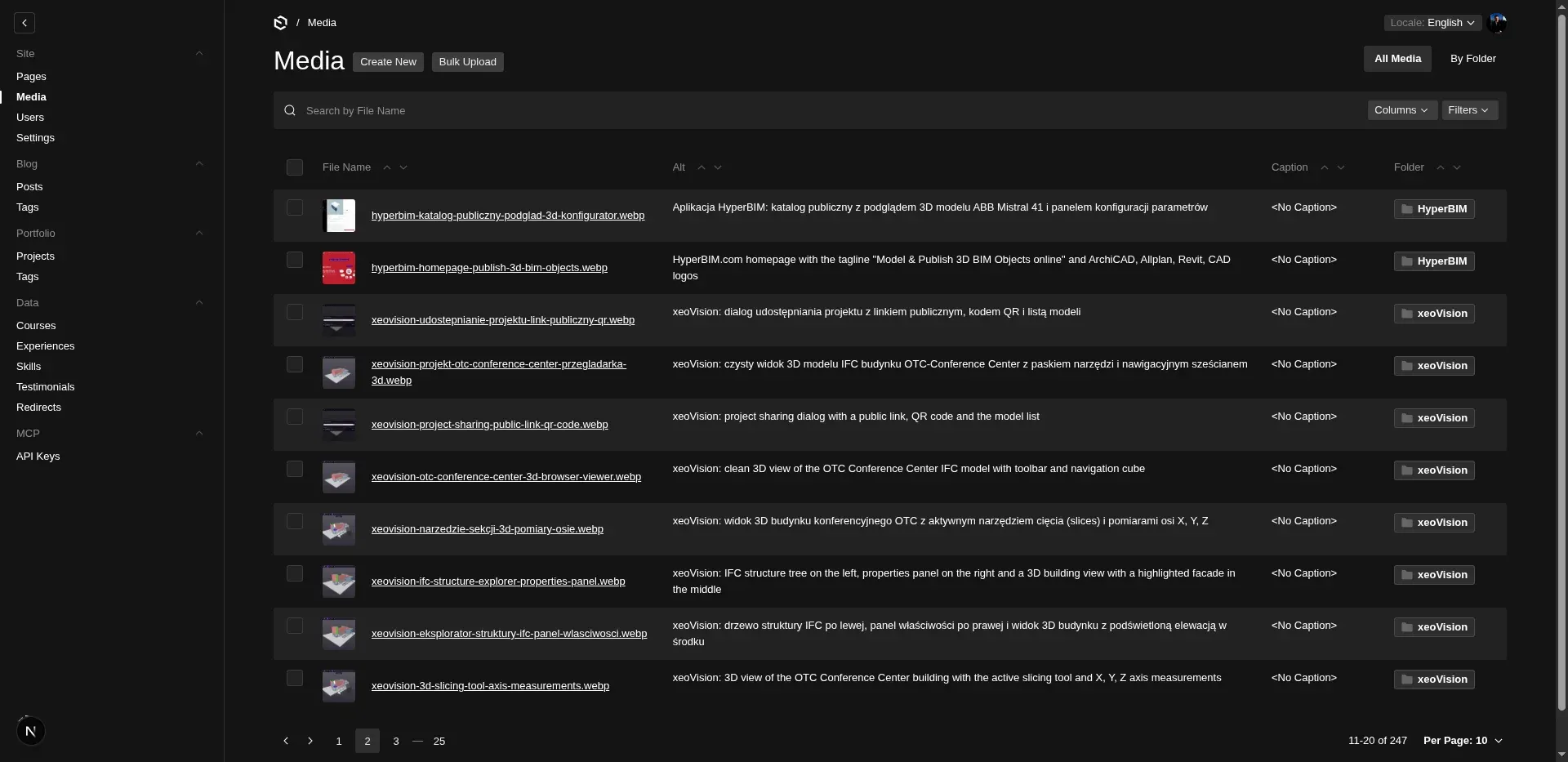 PayloadCMS media library with a list of screenshots and their thumbnails sorted by date descending
