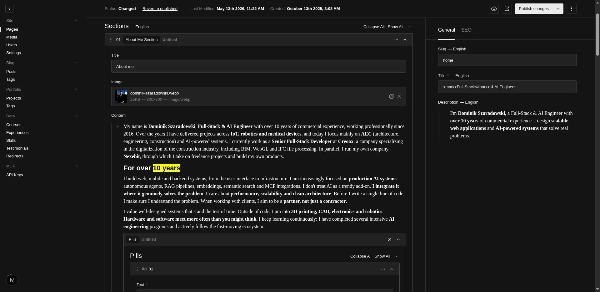 Editing the homepage in PayloadCMS with the Pills section expanded, blocks on the left and metadata panel on the right