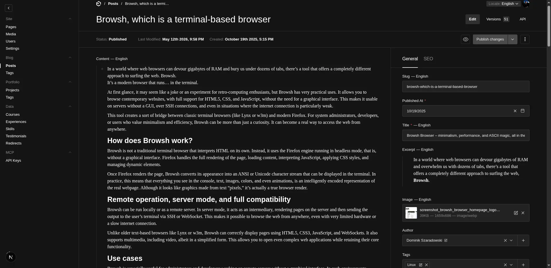 Editing the Browsh post in PayloadCMS with Hero and Content sections expanded and the metadata panel on the right