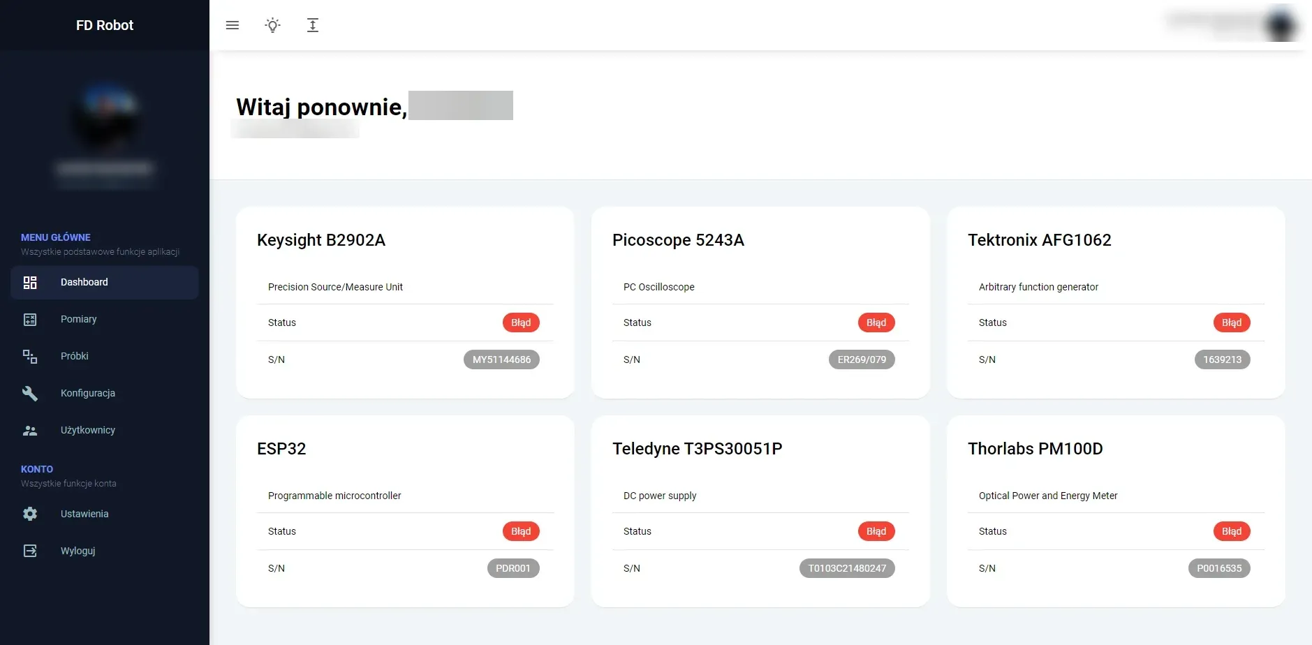 App dashboard showing the status of connected measurement instruments