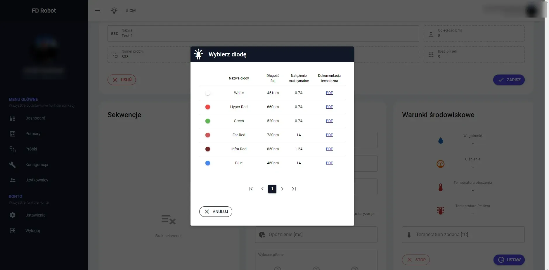 LED selection dialog listing the available light sources