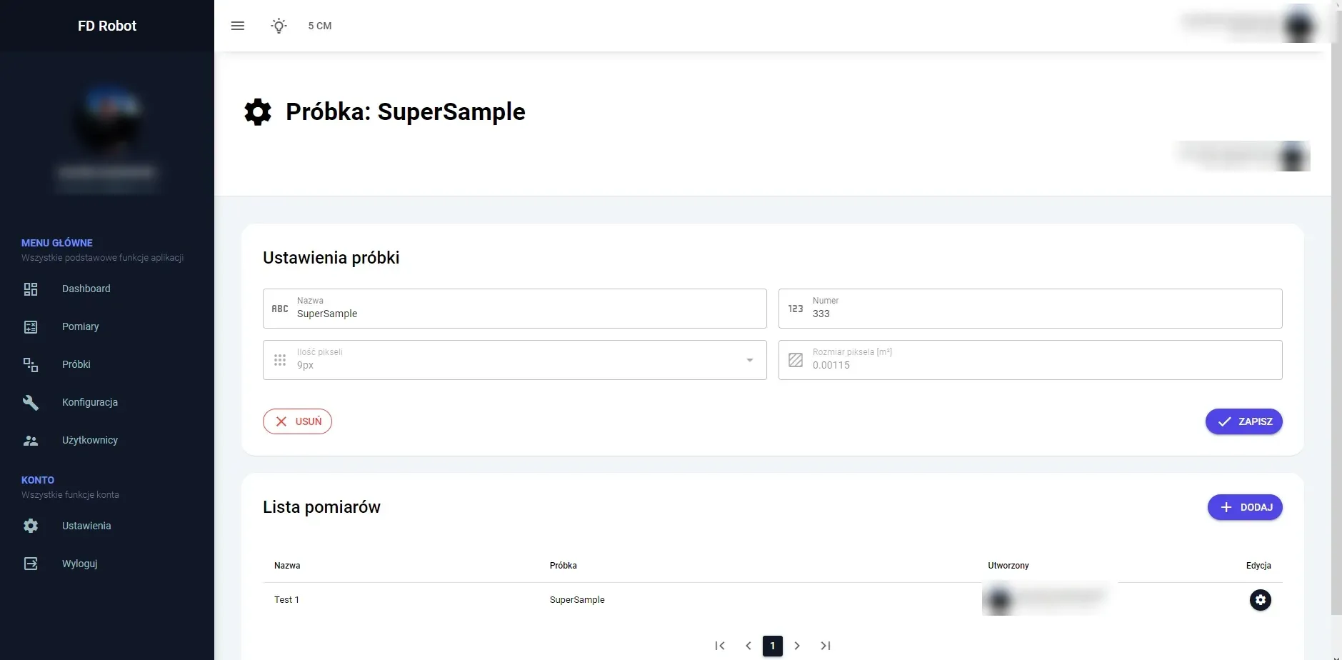 Sample settings with its list of measurements