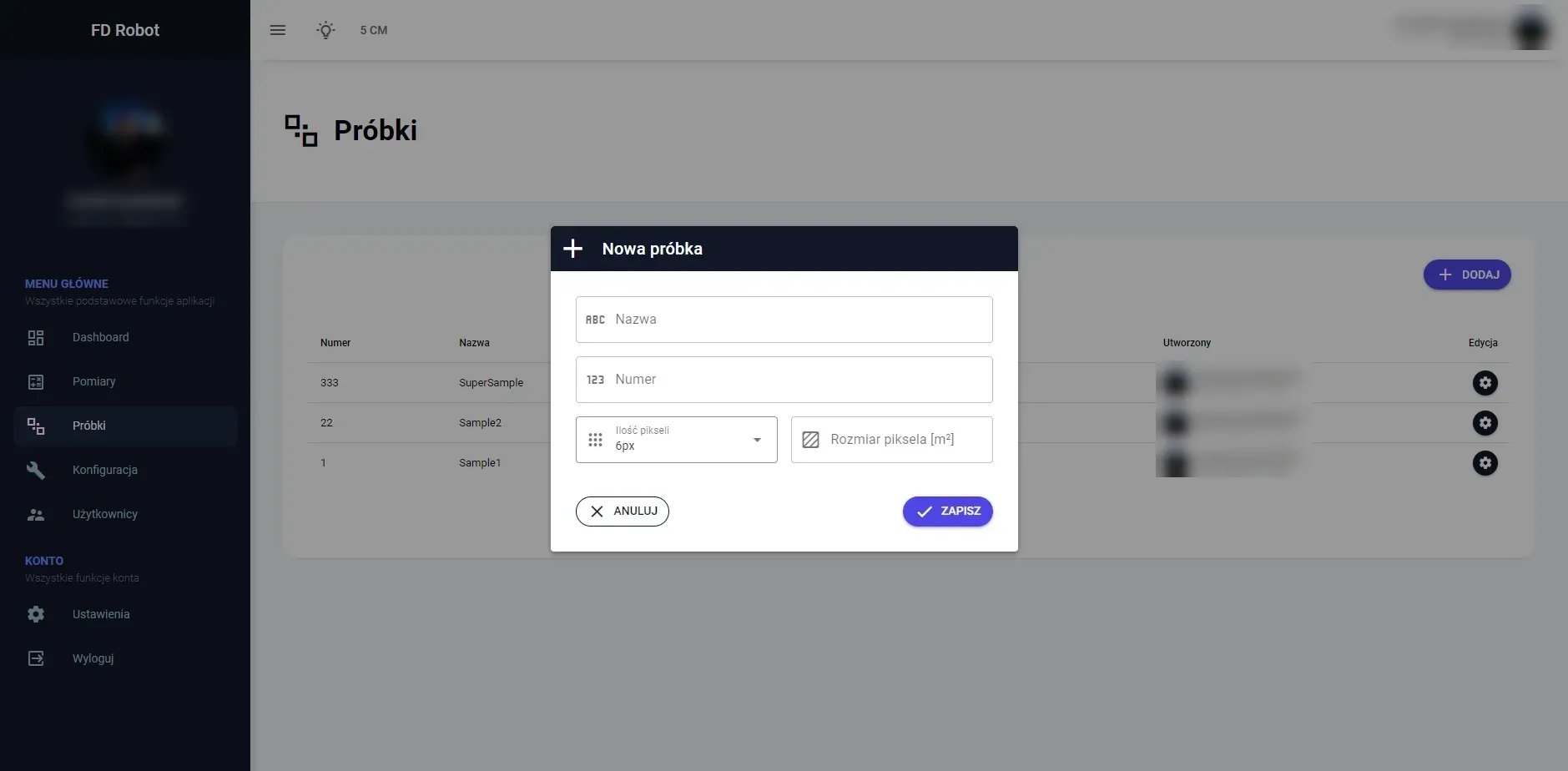 Form for adding a new sample