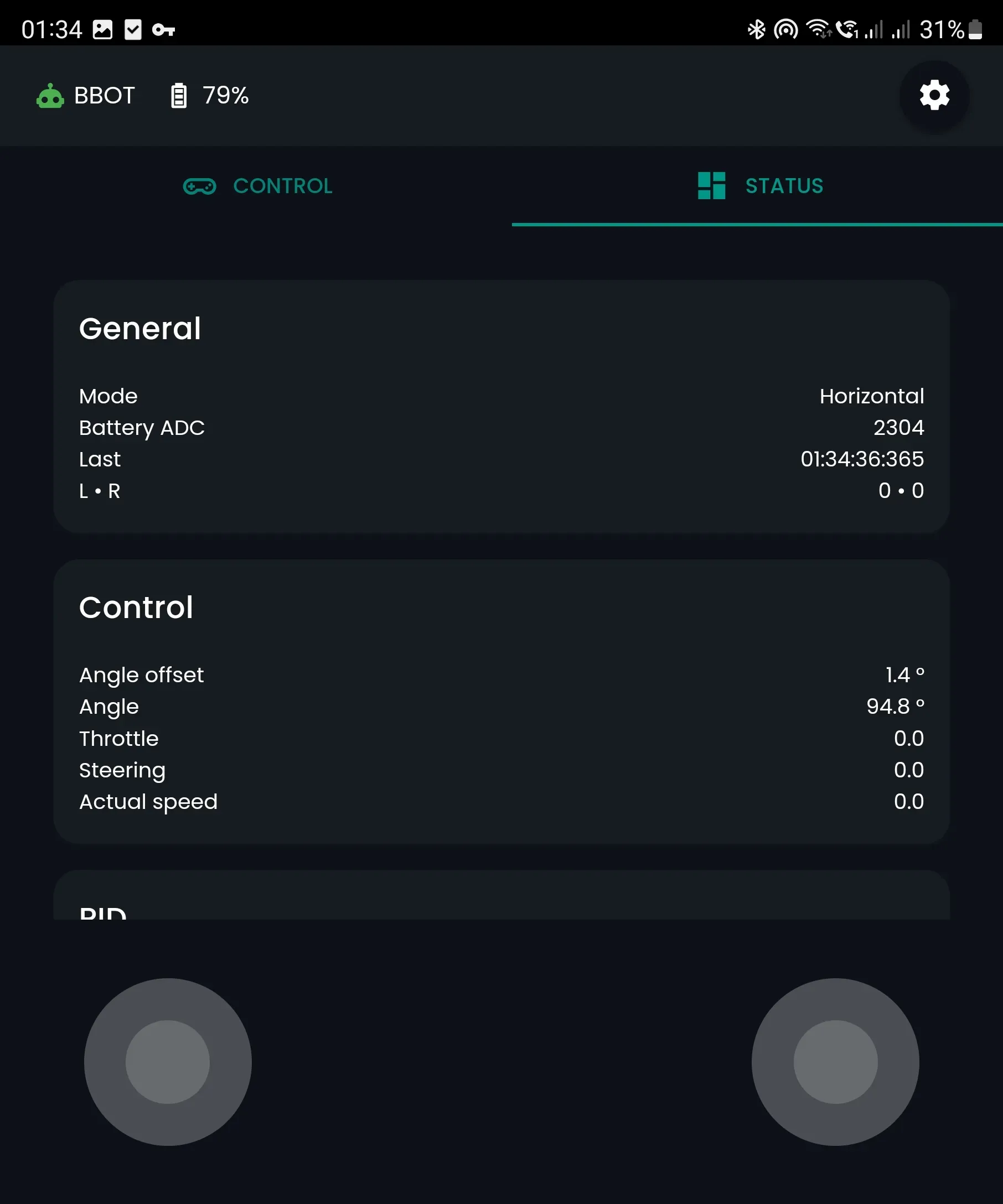 Screenshot of app showing control status and settings