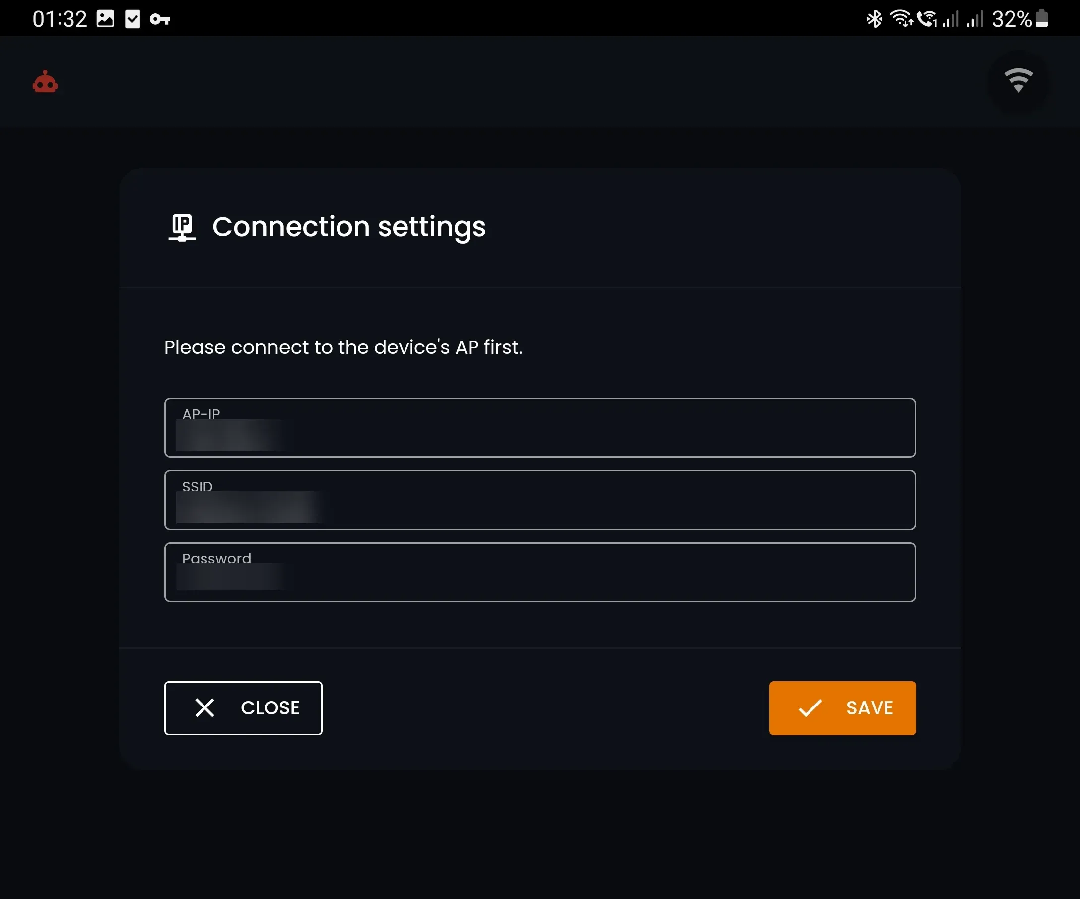 Wi-Fi connection settings for the robot