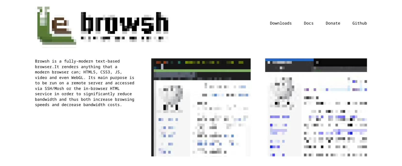 Zrzut ekranu strony głównej przeglądarki Browsh, prezentujący logo, krótki opis funkcji oraz dwa przykładowe widoki interfejsu tekstowego przeglądarki renderującej nowoczesne strony WWW.