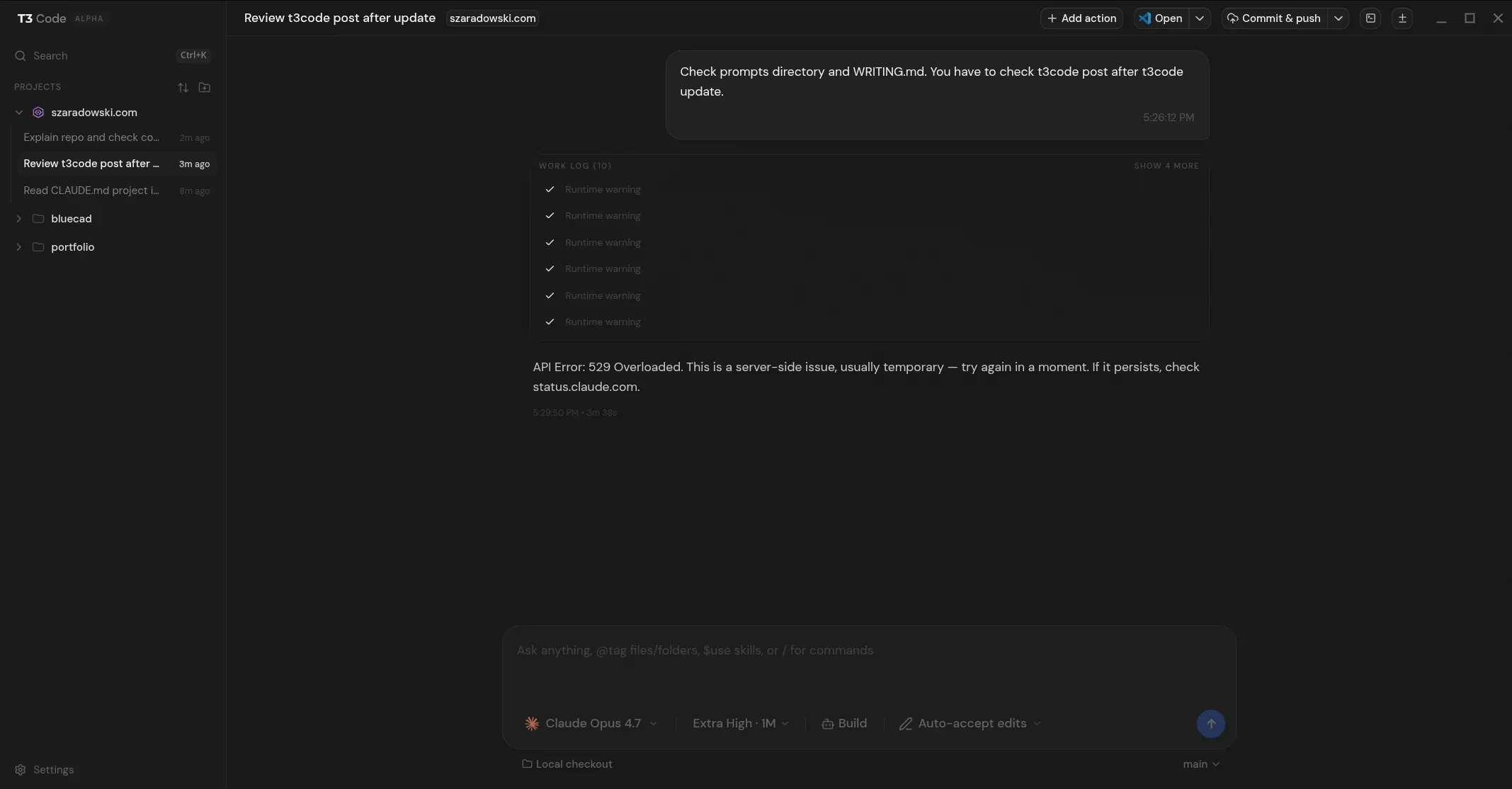 T3 Code surfacing a 529 Overloaded API error from the upstream provider