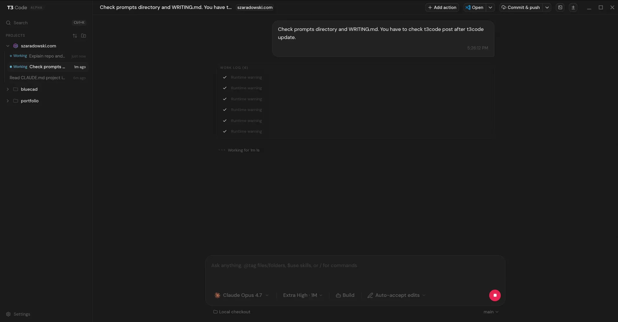 T3 Code window during an active task with a checklist of completed steps
