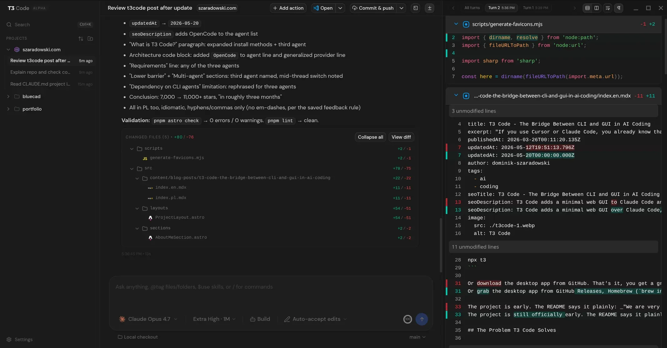 T3 Code GUI showing a coding agent task panel and code diff side by side