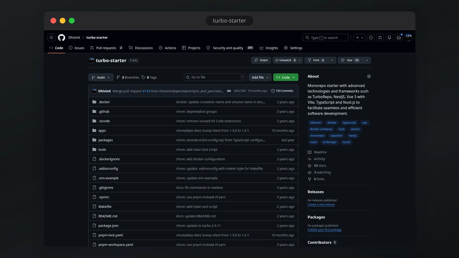 Cover image of the Turbo-Starter project, a browser-framed screenshot of the TurboRepo, Vue, Nuxt and NestJS logo header with the repository's README introduction