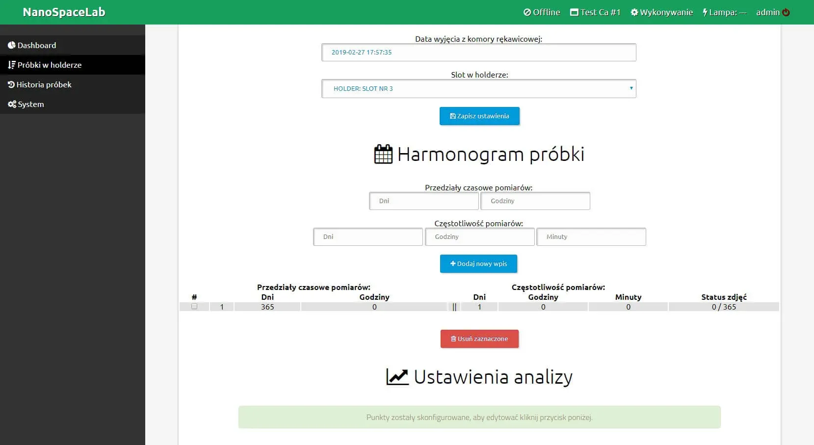 Panel harmonogramu próbek