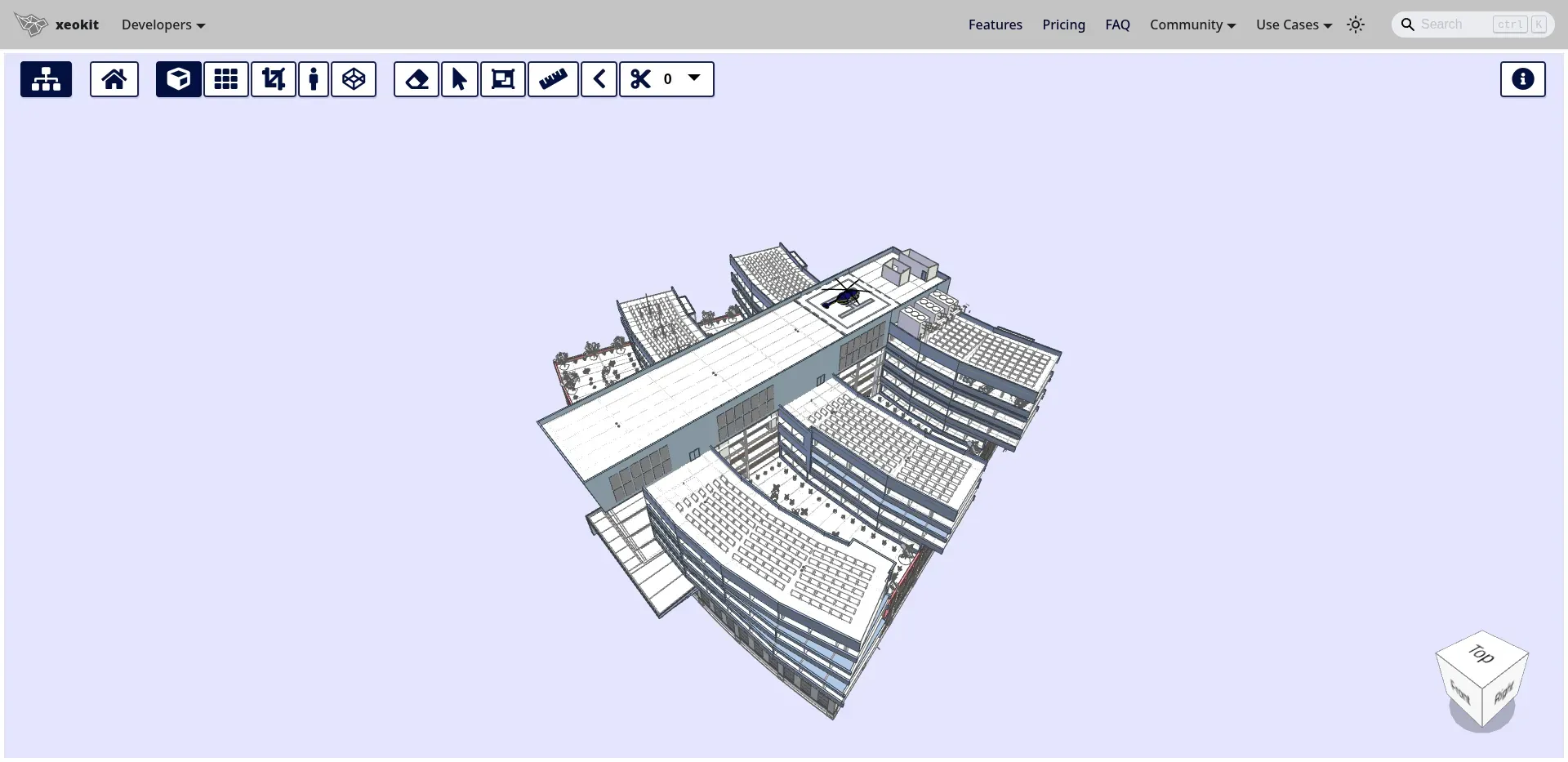 Demo xeokit BIM Viewer w przeglądarce: model 3D budynku z paskiem narzędzi nawigacyjnych i pomiarowych