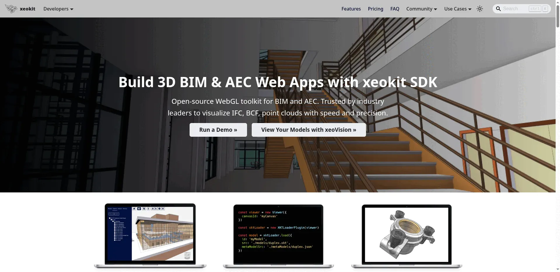 xeokit.io homepage with the tagline "Build 3D BIM & AEC Web Apps with xeokit SDK" and demo screenshots of in-browser 3D apps