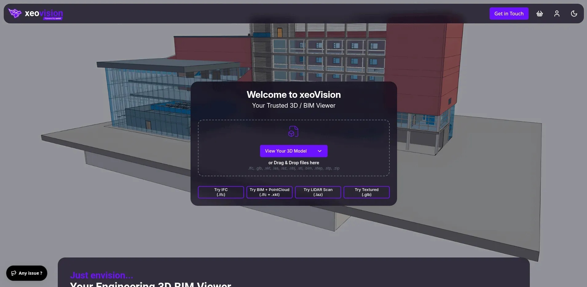 xeoVision homepage with the headline Welcome to xeoVision – Your Trusted 3D / BIM Viewer, an upload-model button and a 3D BIM building in the background