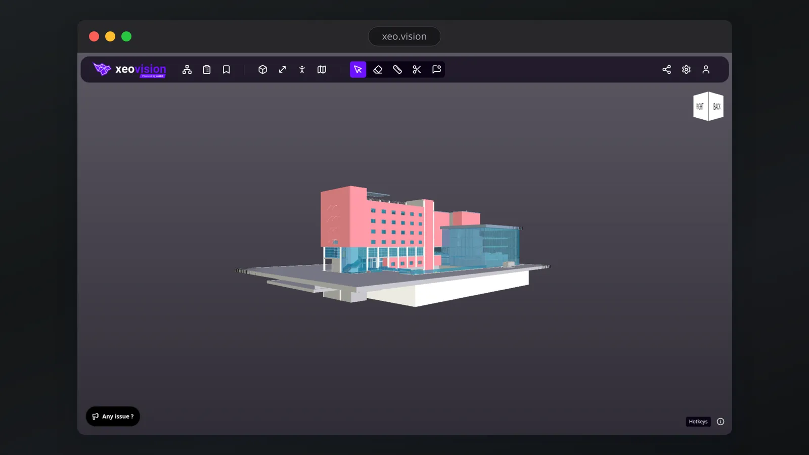 Cover image of the xeoVision project, a browser-framed screenshot of the in-browser 3D viewer with a coloured BIM building model on a grey backdrop
